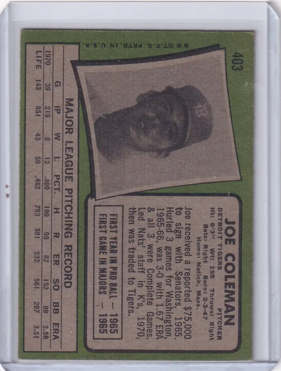 1971 Topps Baseball #403 Joe Coleman - Detroit Tigers