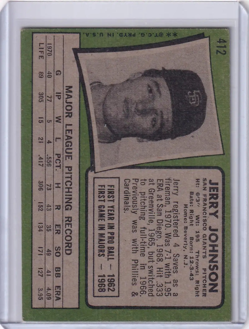 1971 Topps Baseball #412 Jerry Johnson - San Francisco Giants