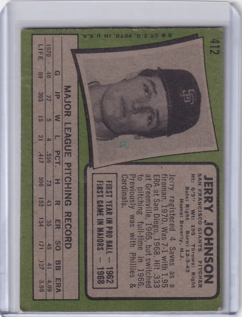 1971 Topps Baseball card of Jerry Johnson from the San Francisco Giants team
