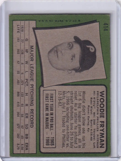 1971 Topps Baseball card of Woodie Fryman with Philadelphia Phillies stats on green background