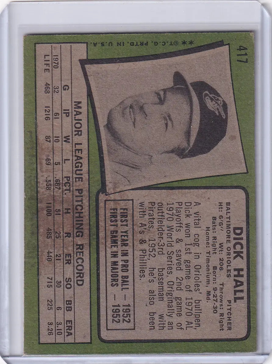 1971 Topps Baseball #417 Dick Hall - Baltimore Orioles - Baseball Card Single