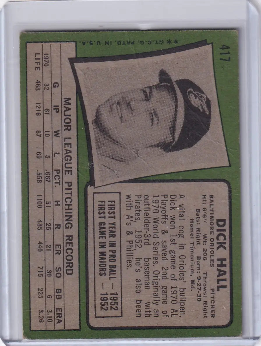 1971 Topps Baseball #417 Dick Hall card with black and white portrait on green background