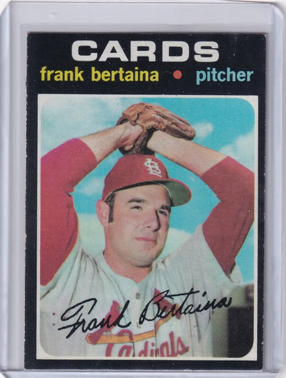 1971 Topps Baseball card of Frank Bertaina in wind-up pose for St. Louis Cardinals