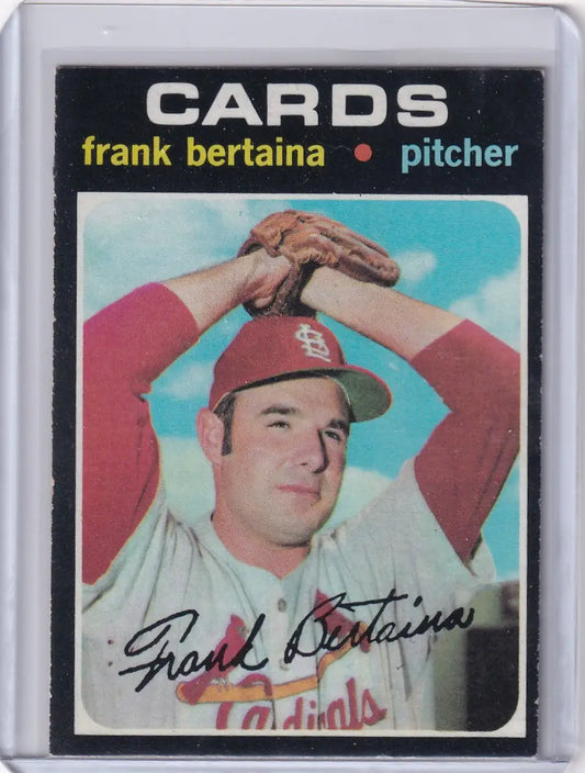 1971 Topps Baseball card of Frank Bertaina in wind-up pose for St. Louis Cardinals