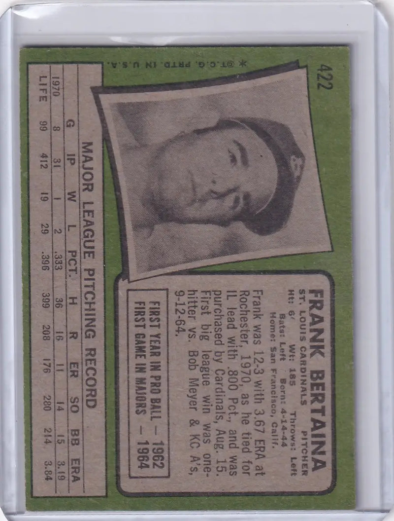 Topps Baseball card of Frank Bertaina with a black and white portrait for St. Louis Cardinals