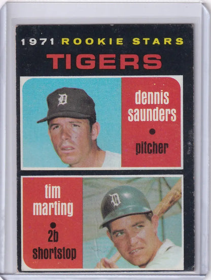 1971 Topps Baseball card of Tigers Rookies Dennis Saunders and Tim Marting RC