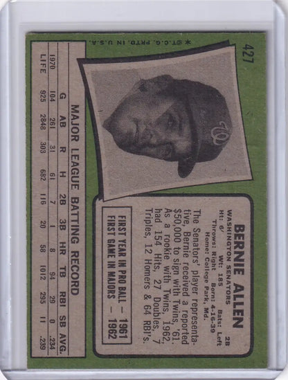1971 Topps Baseball #427 Bernie Allen card with black and white portrait on green background