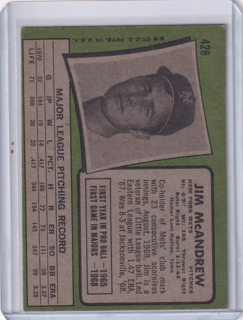 Vintage Topps Baseball card featuring Jim McAndrew of the New York Mets with a green border