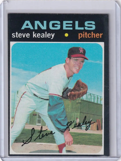Baseball card of Steve Kealey in pitching stance for California Angels Topps Baseball