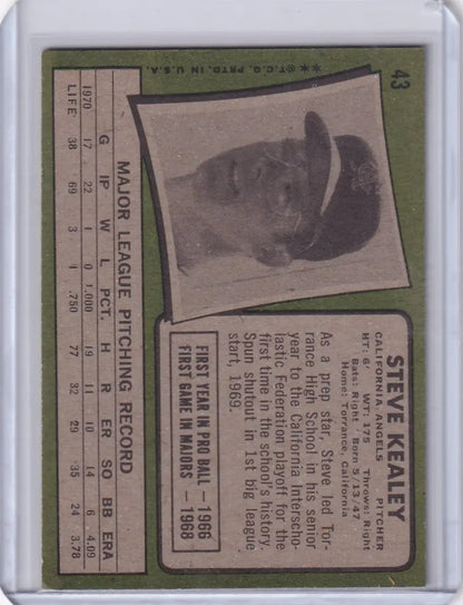 Vintage 1971 Topps Baseball card of Steve Kealey from California Angels in black and white