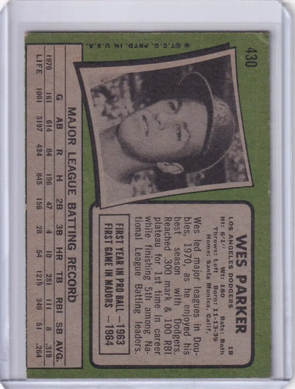 1971 Topps Baseball #430 Wes Parker card with black and white portrait for Los Angeles Dodgers
