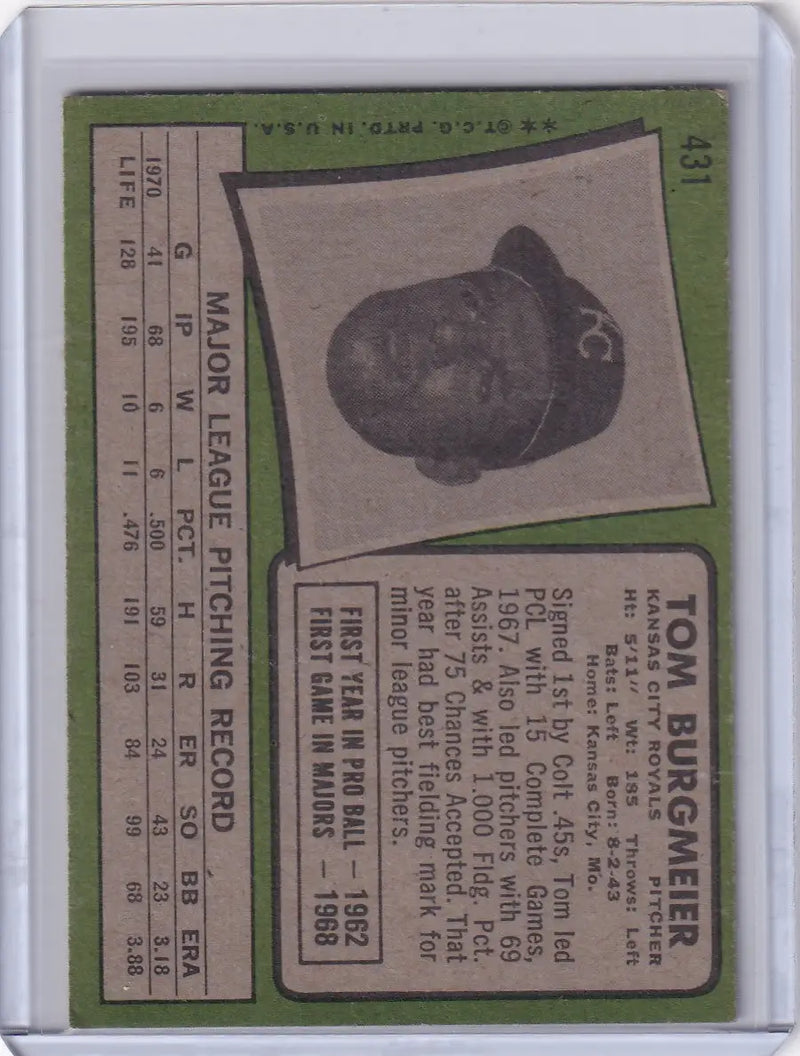 1971 Topps Baseball #431 Tom Burgmeier - Kansas City Royals