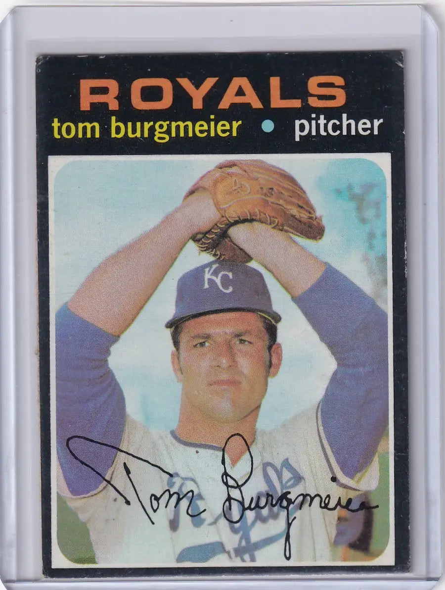 1971 Topps Baseball card of Tom Burgmeier in a wind-up for Kansas City Royals