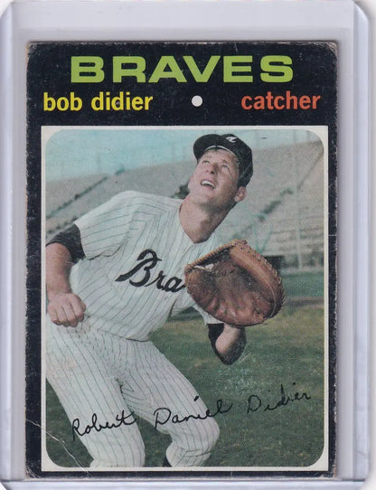 Baseball card of Bob Didier, Atlanta Braves catcher in pinstriped uniform, Topps Baseball