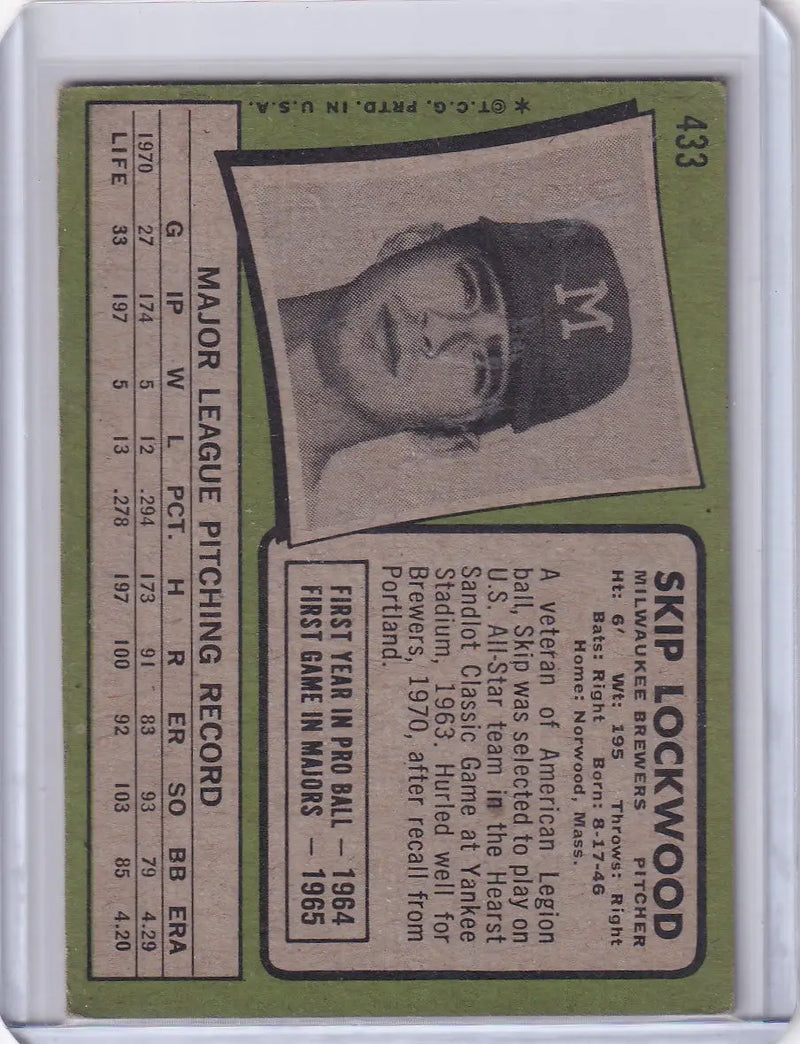 1971 Topps Baseball #433 Skip Lockwood - Milwaukee Brewers