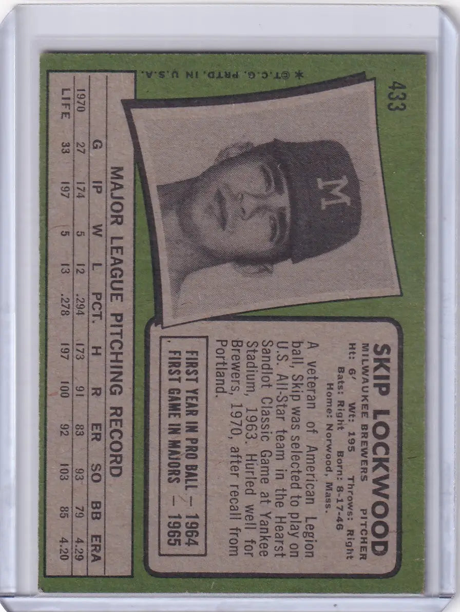 1971 Topps Baseball #433 Skip Lockwood - Milwaukee Brewers