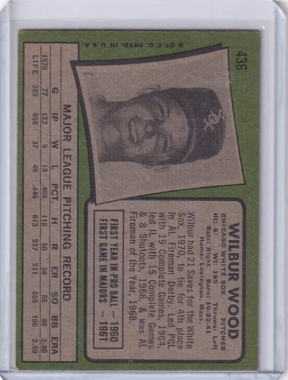 1971 Topps Baseball Wilbur Wood card featuring Chicago White Sox player in collectible conditions