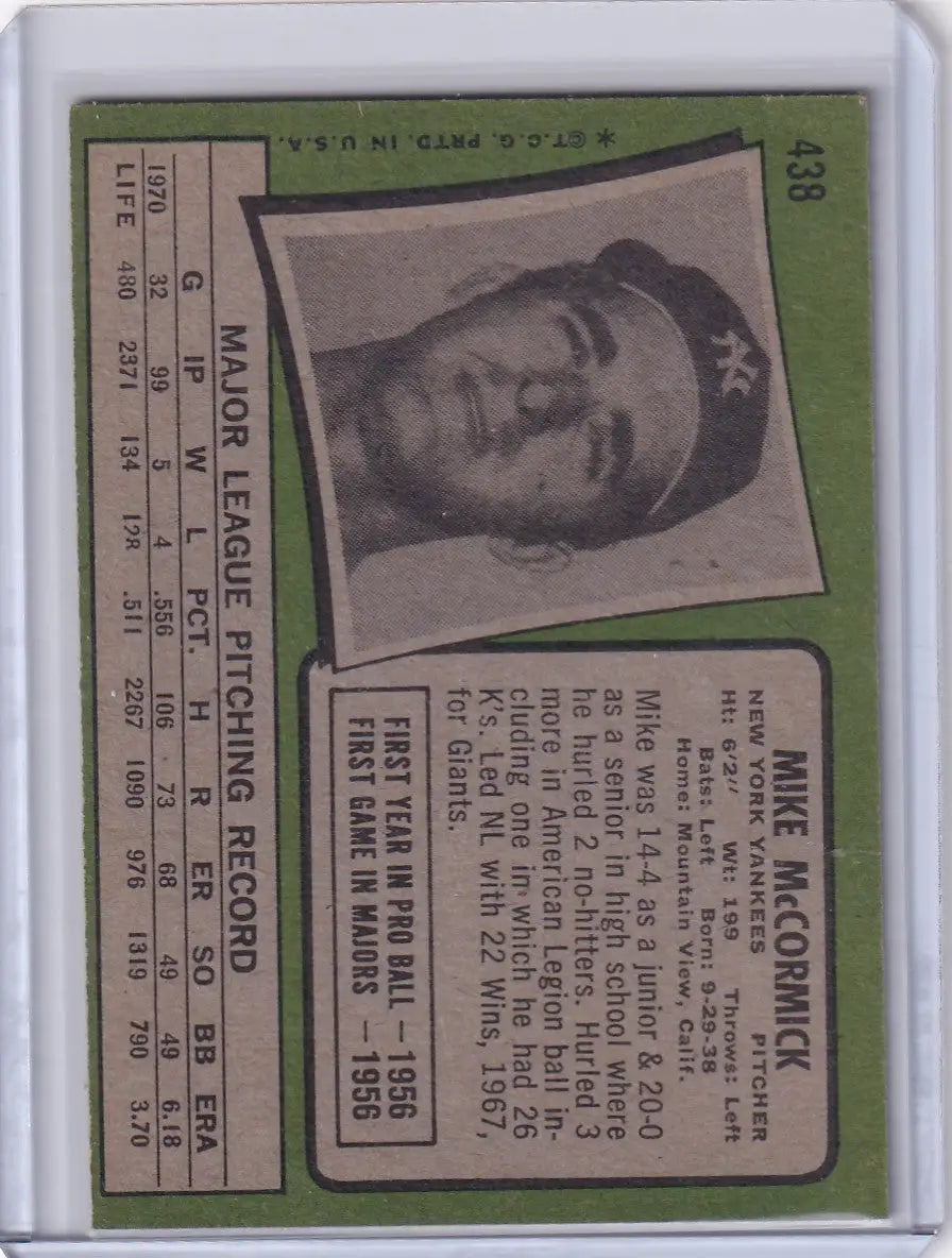 1971 Topps Baseball #438 Mike McCormick - New York Yankees
