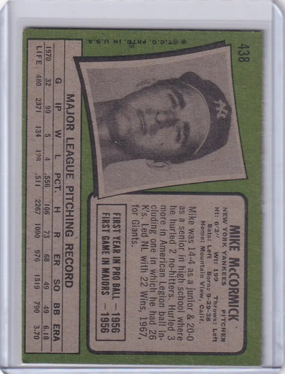 Baseball card of Mike McCormick from 1971 Topps Baseball featuring New York Yankees logo