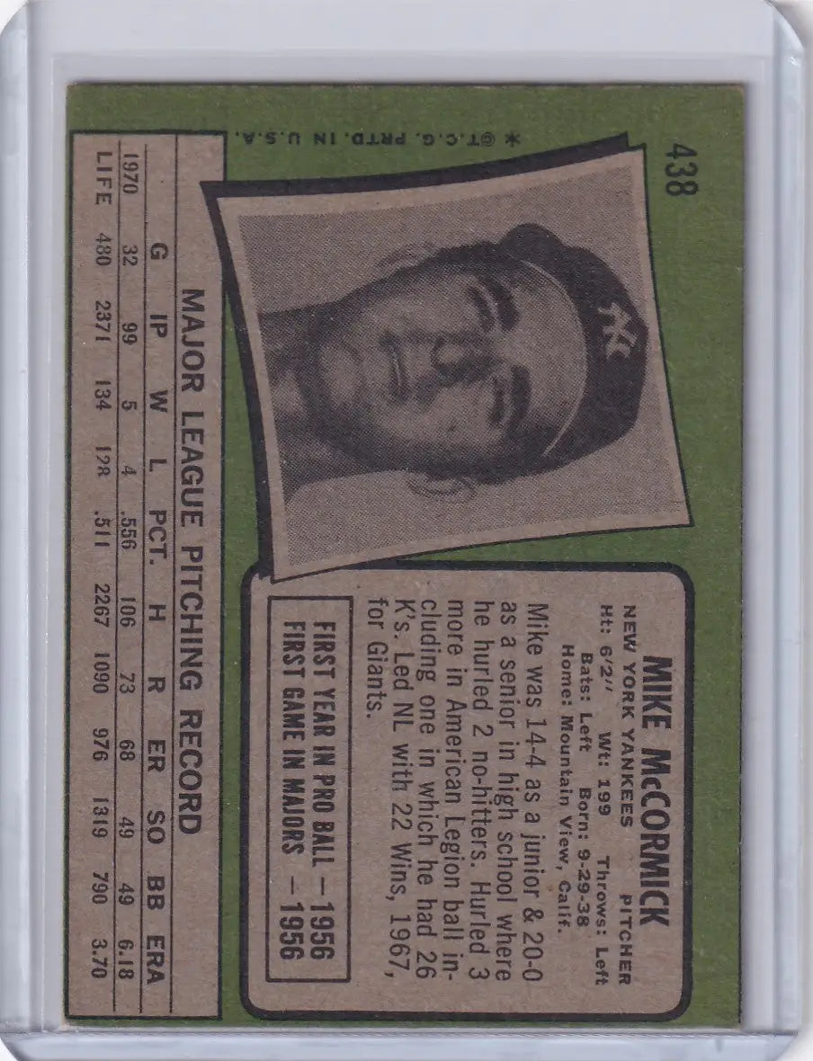 1971 Topps Baseball #438 Mike McCormick - New York Yankees