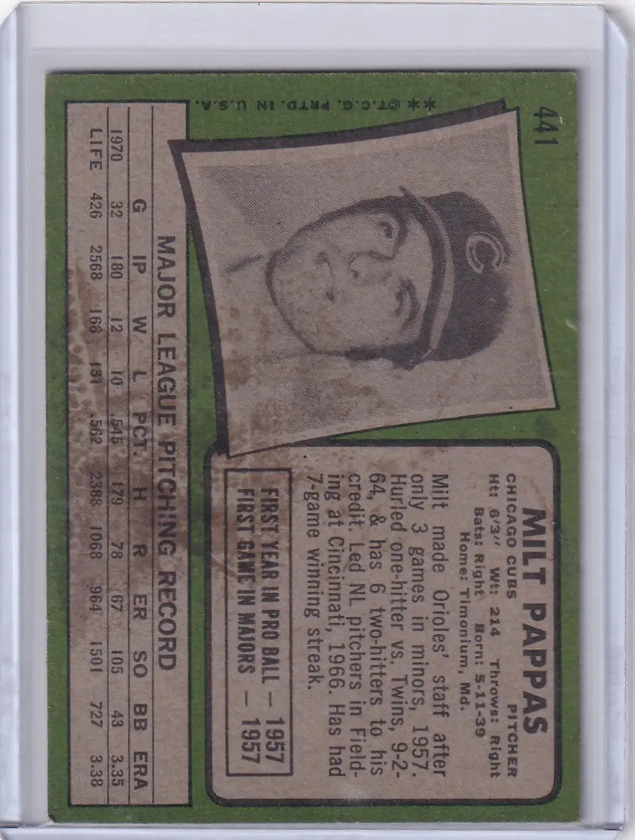 1971 Topps Baseball #441 Milt Pappas - Chicago Cubs