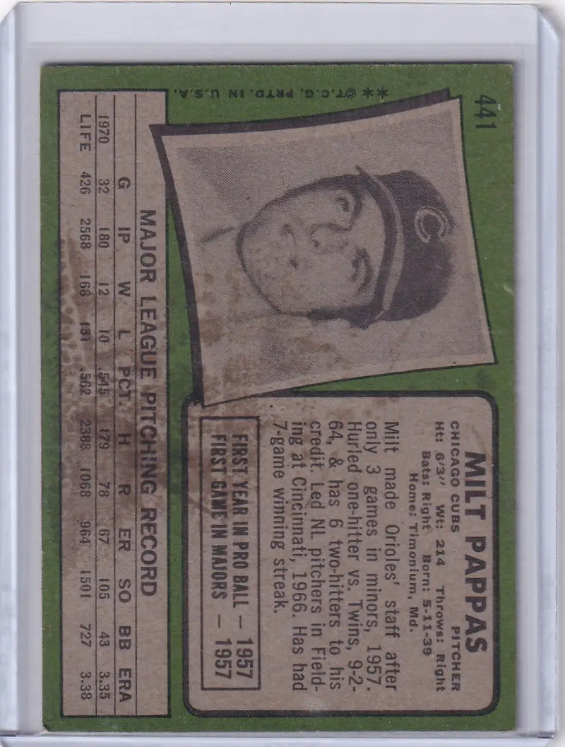 1971 Topps Baseball #441 Milt Pappas - Chicago Cubs