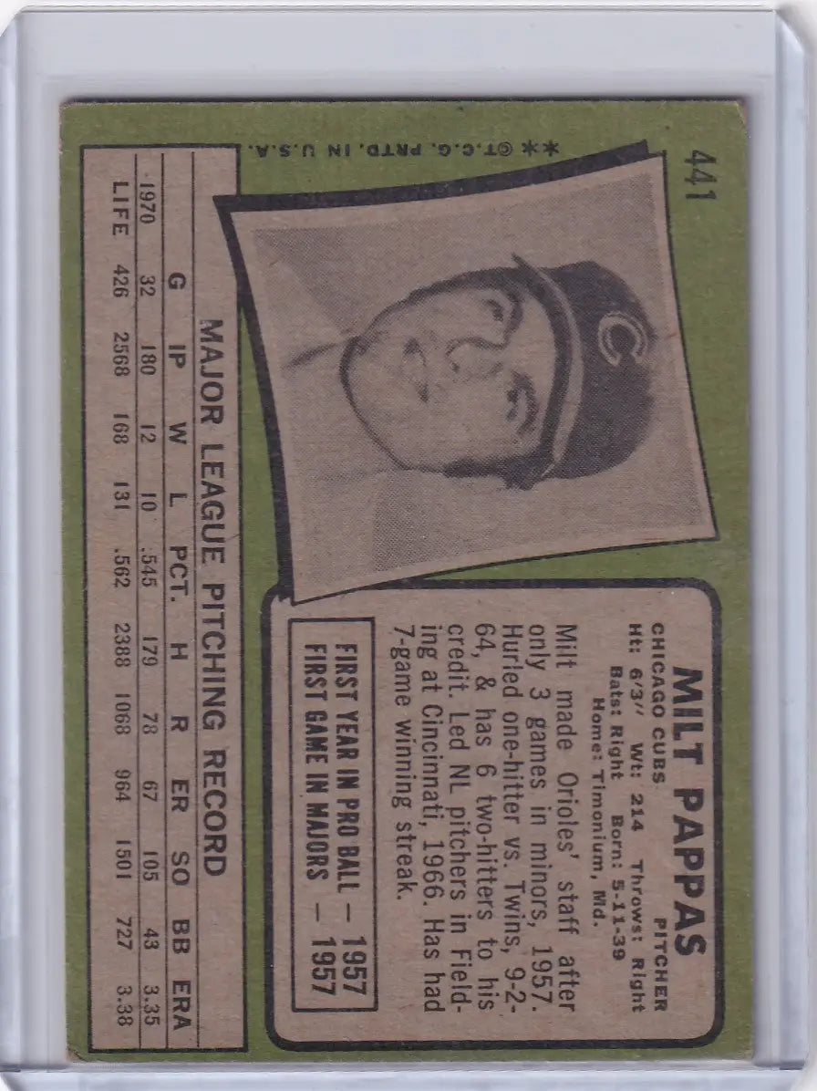 1971 Topps Baseball #441 Milt Pappas - Chicago Cubs