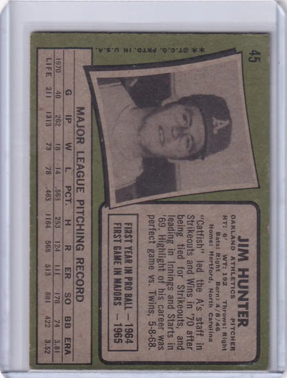 1971 Topps Baseball #45 Jim Hunter card showcasing the Oakland Athletics player