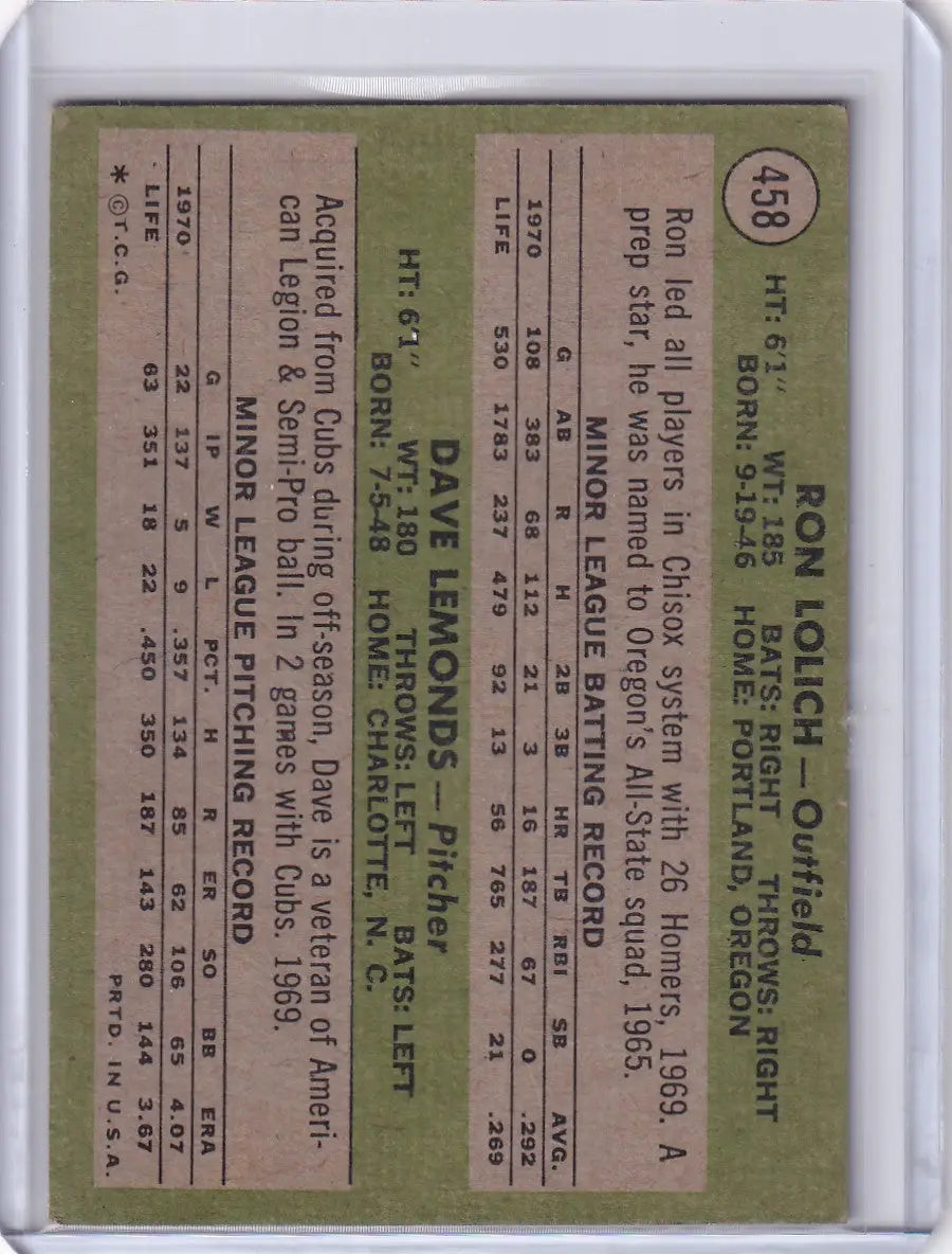 Vintage 1971 Topps Baseball card featuring White Sox Rookies Ron Lolich and Dave Lemonds