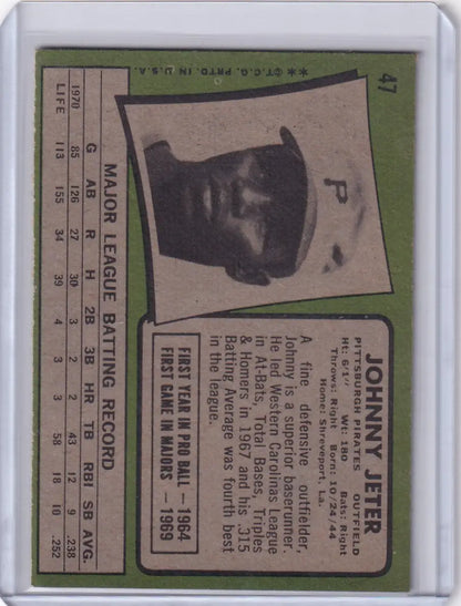 1971 Topps Baseball card of Johnny Jeter with Pittsburgh Pirates cap featuring P