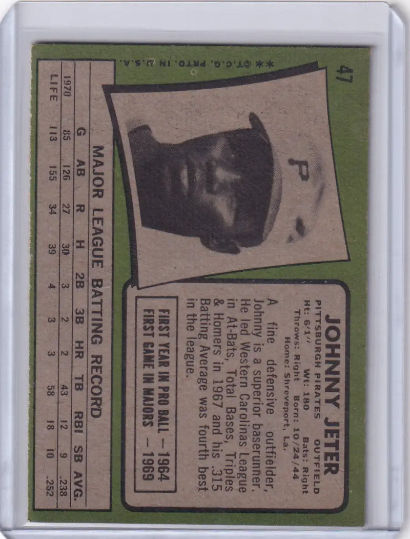 1971 Topps Baseball card of Johnny Jeter with Pittsburgh Pirates cap featuring P