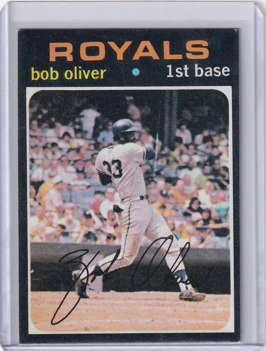 Baseball card of Bob Oliver, Kansas City Royals, at bat, featuring Topps Baseball design