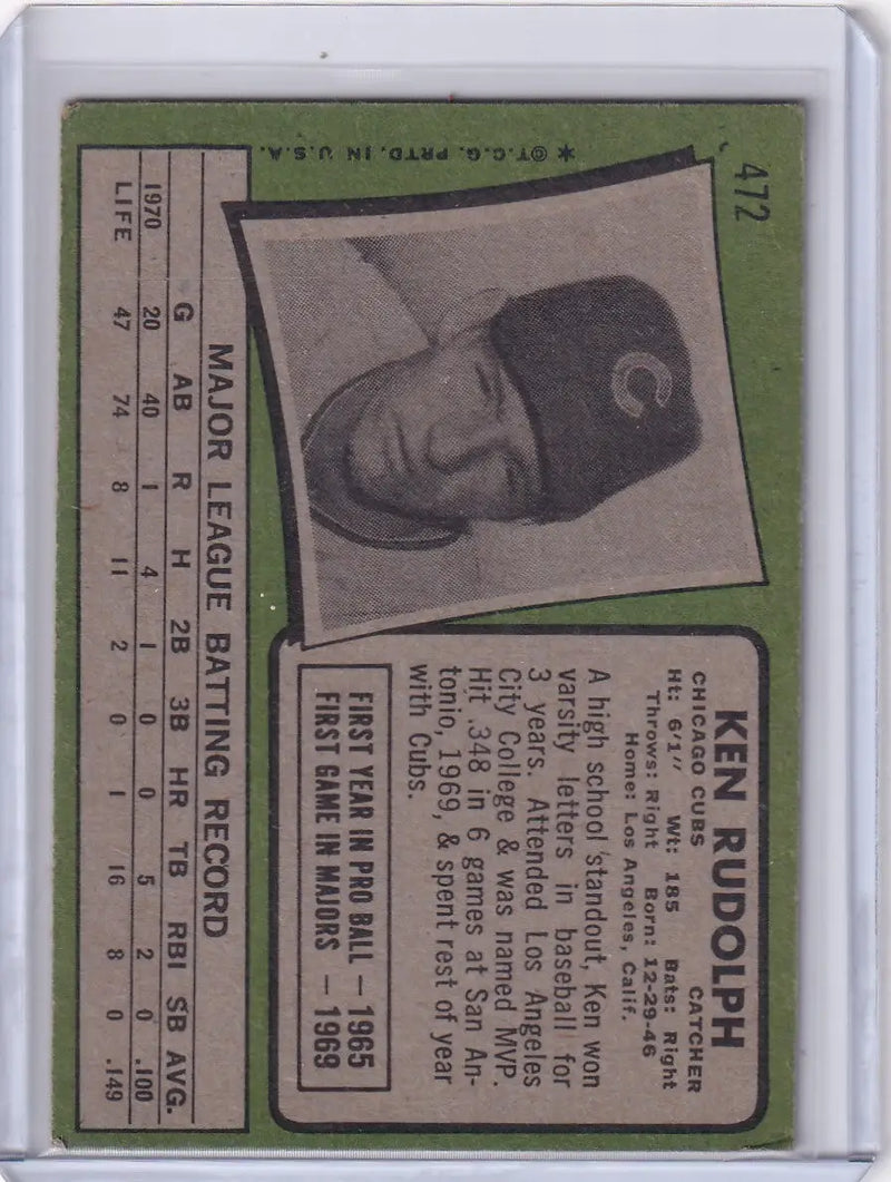1971 Topps Baseball #472 Ken Rudolph - Chicago Cubs