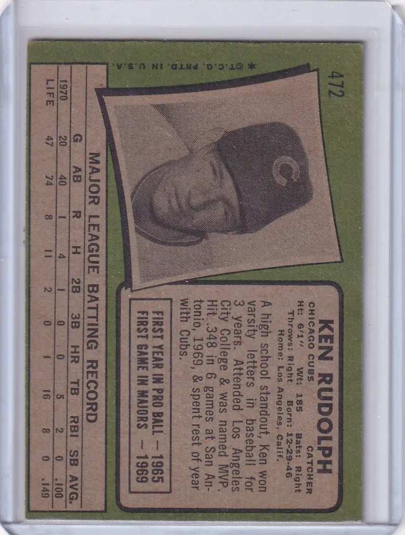1971 Topps Baseball #472 Ken Rudolph - Chicago Cubs - Baseball Card Single