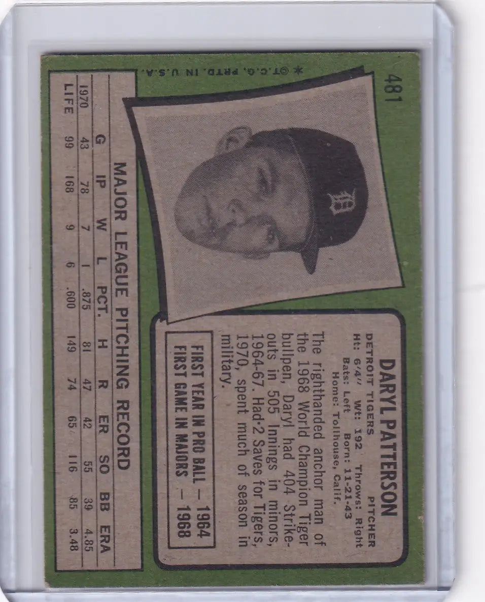 1971 Topps Baseball #481 Daryl Patterson - Detroit Tigers