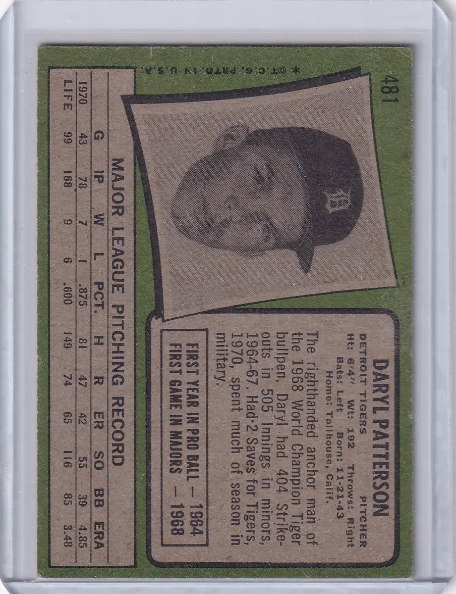1971 Topps Baseball #481 Daryl Patterson - Detroit Tigers