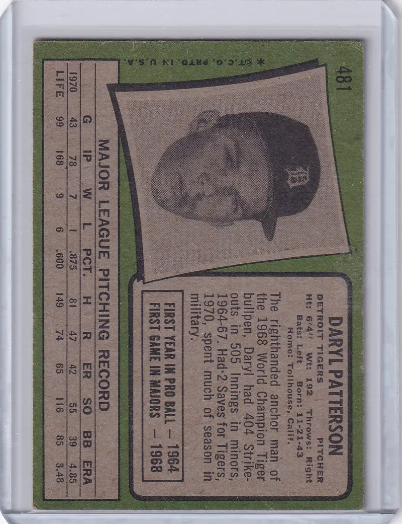 1971 Topps Baseball #481 Daryl Patterson - Detroit Tigers