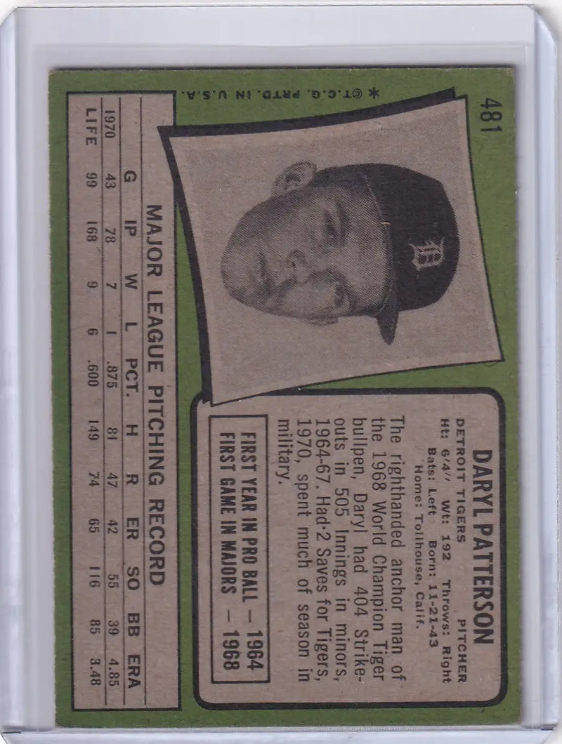1971 Topps Baseball #481 Daryl Patterson - Detroit Tigers