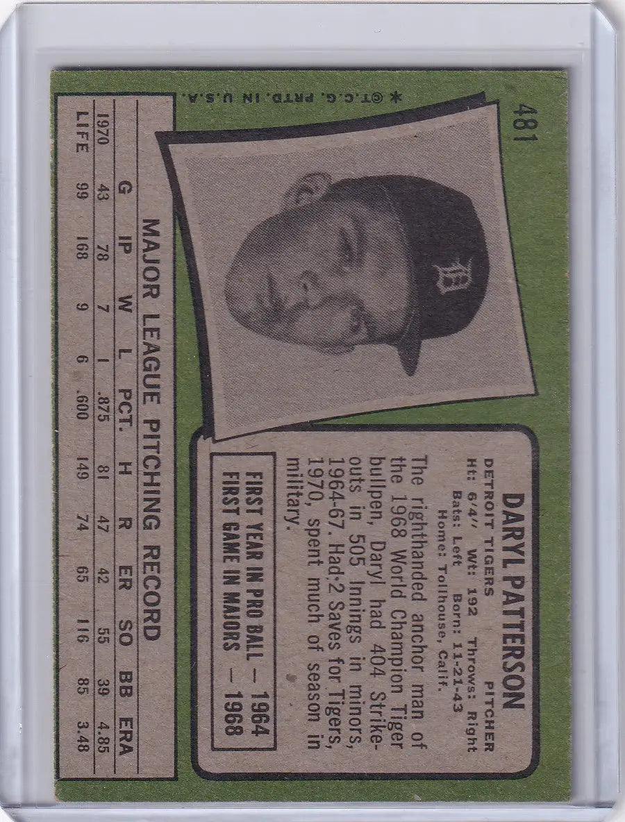 Topps Baseball card of Daryl Patterson in a Detroit Tigers cap