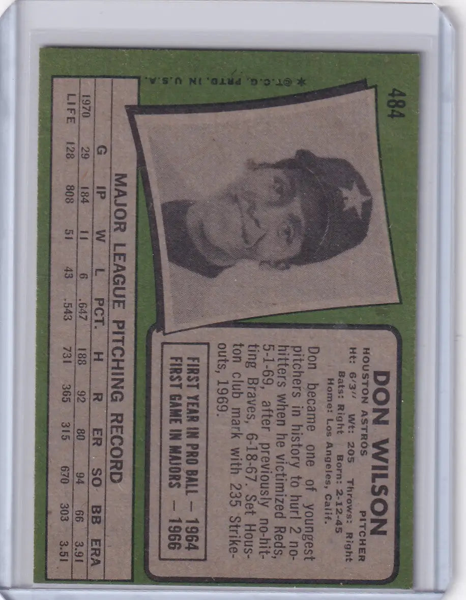 Vintage 1971 Topps Baseball card of Don Wilson featuring a Houston Astros player photo