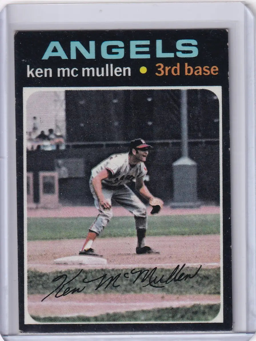 Baseball card of Ken McMullen in fielding stance for California Angels Topps Baseball