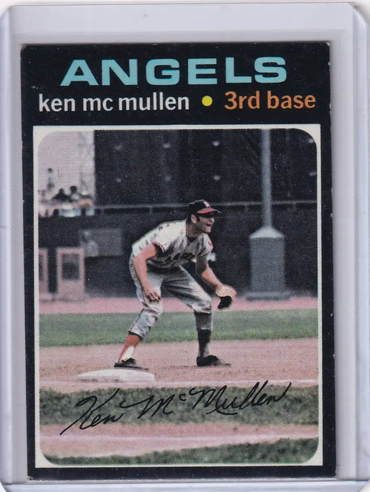 Baseball card of Ken McMullen in fielding stance for California Angels Topps Baseball