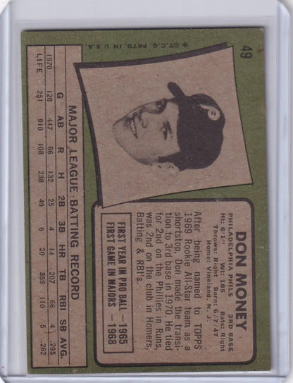 Vintage 1971 Topps Baseball card of Don Money, Philadelphia Phillies player with cap 8