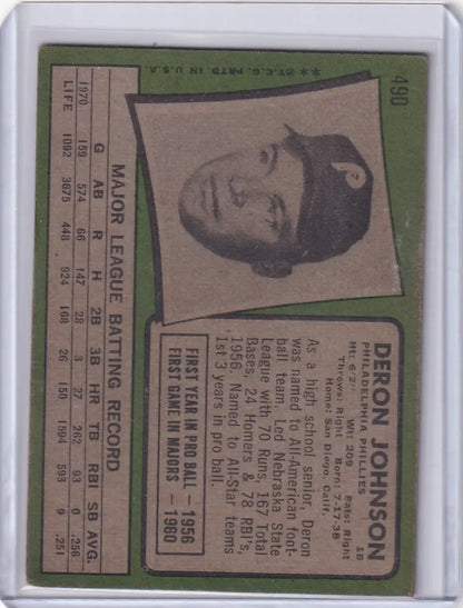 Baseball card of Deron Johnson, 1971 Topps Baseball, Philadelphia Phillies player portrait