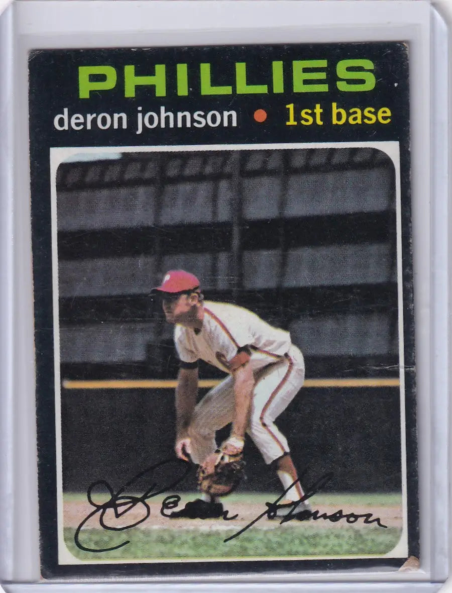 Baseball card of Deron Johnson in fielding stance for Topps Baseball Philadelphia Phillies