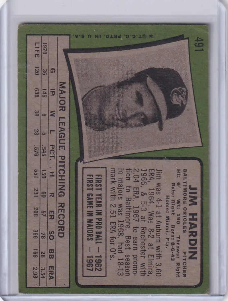 Baseball card of Jim Hardin, 1971 Topps Baseball, Baltimore Orioles player portrait