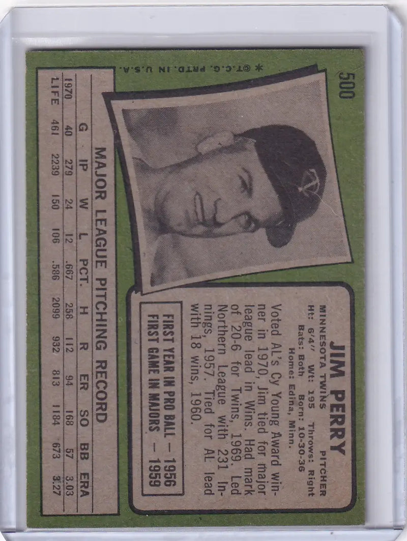 1971 Topps Baseball #500 Jim Perry - Minnesota Twins