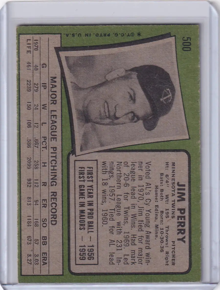 1971 Topps Baseball card of Jim Perry, Minnesota Twins, with black and white portrait