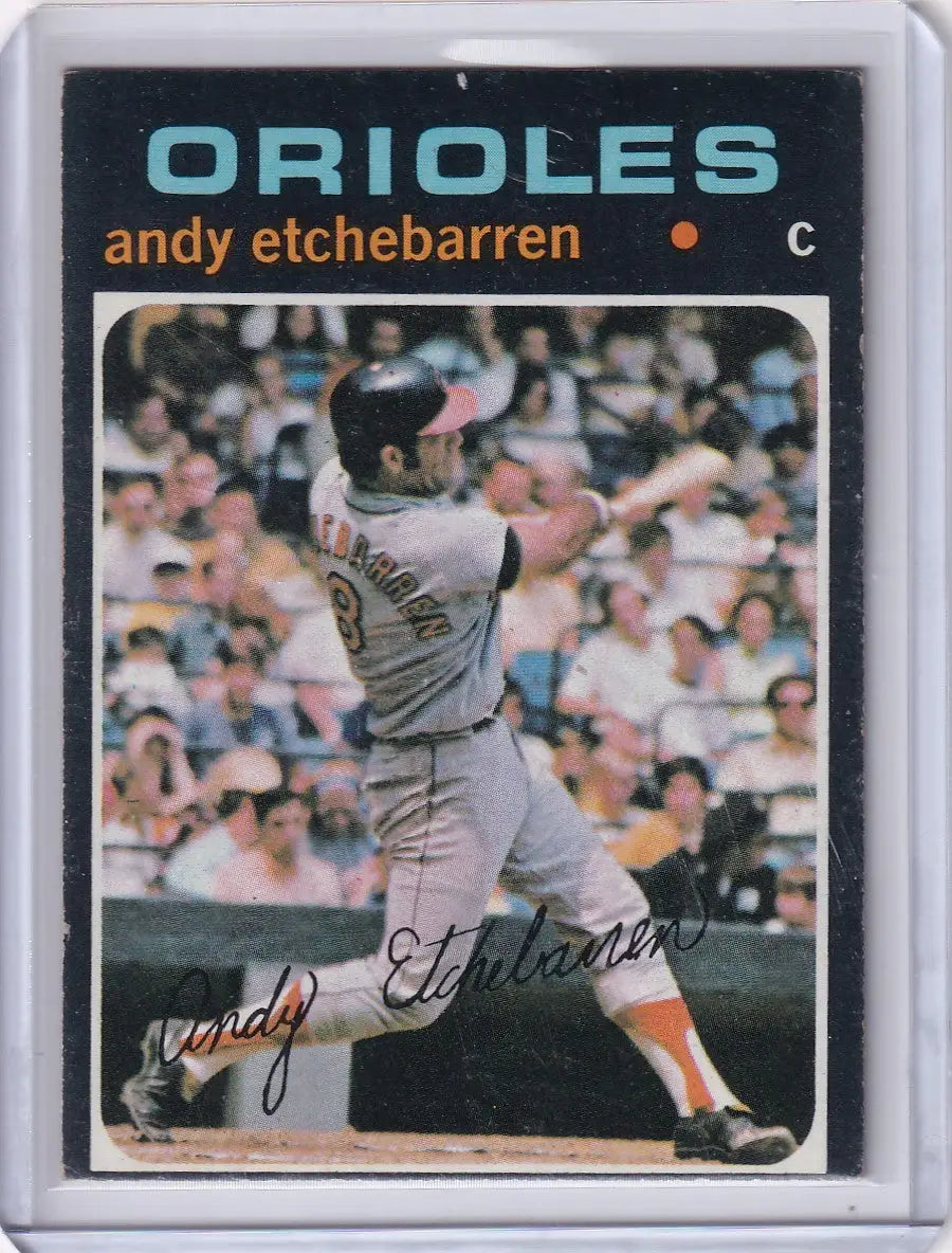 1971 Topps Baseball card of Andy Etchebarren swinging for the Baltimore Orioles