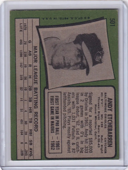 Baseball card of Andy Etchebarren, Baltimore Orioles from 1971 Topps Baseball